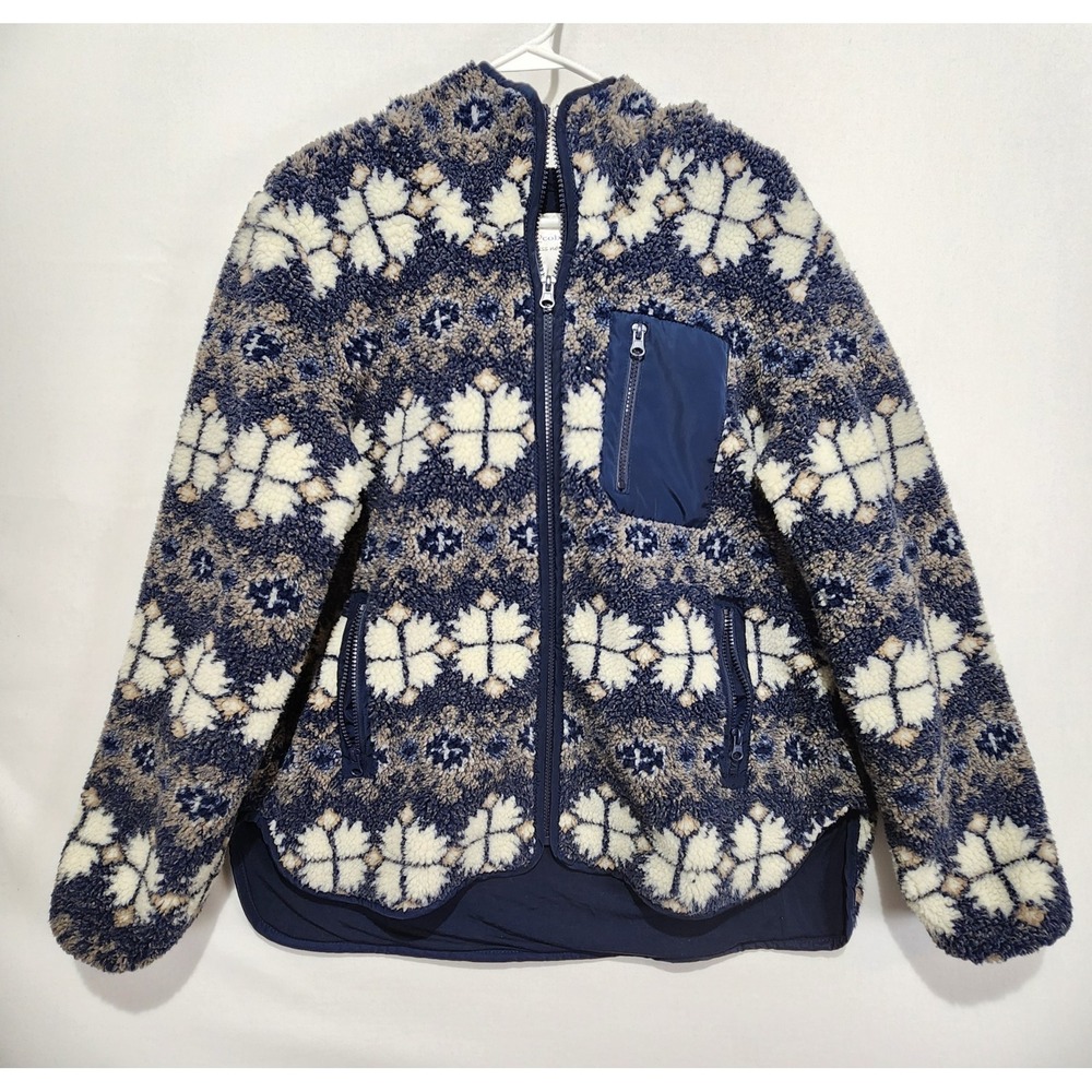 Carbon2Cobalt Womens Size L Sherpa Fleece Jacket Nordic Print Full Zip Blue